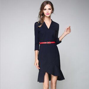 V-Neck Half Sleeve Knee-Length Dress